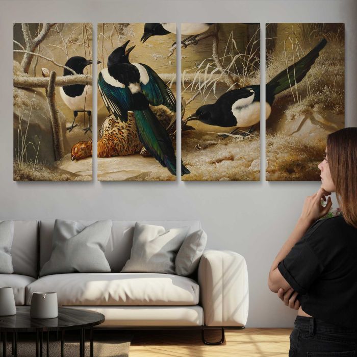 Magpies round a dead female capercaillie (1867) by Ferdinand von Wright canvas print, interior display view