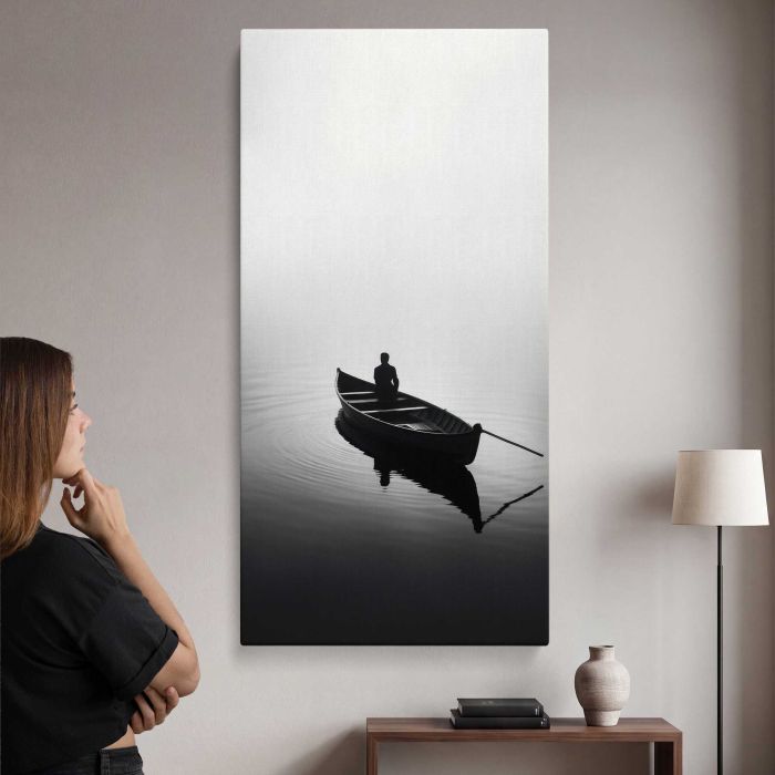 Man Fishing from a Rowboat in Monochrome canvas print, interior display view