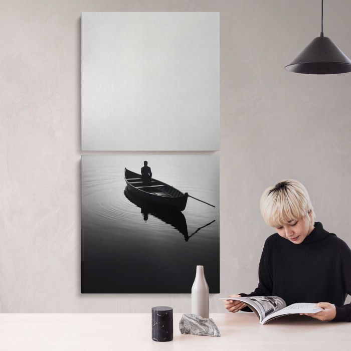 Man Fishing from a Rowboat in Monochrome canvas print, interior display view