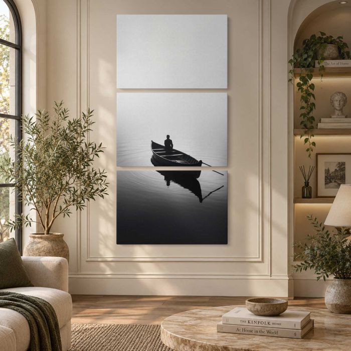 Man Fishing from a Rowboat in Monochrome canvas print, interior display view