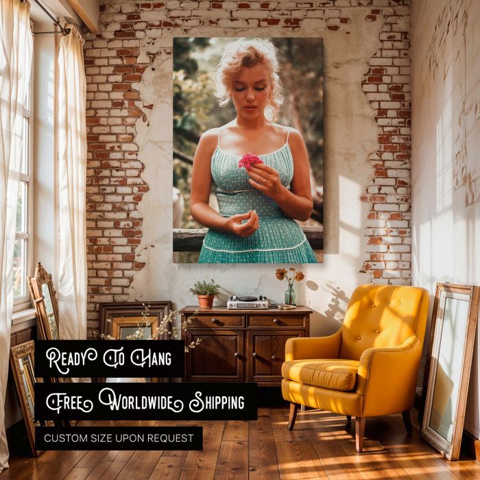 Marilyn Monroe in Green Dress - Flower in Hand Retro Portrait canvas wall art - Image 3