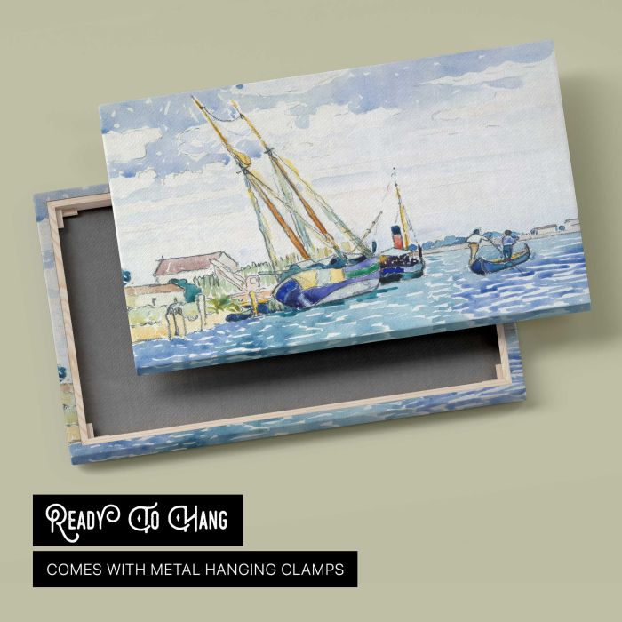 Marine Scene (Boats near Venice) (1903) by Henri-Edmond Cross canvas print, canvas reverse and frame view