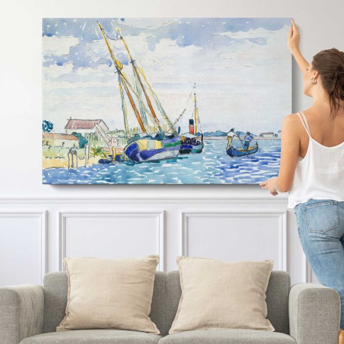 Marine Scene (Boats near Venice) (1903) by Henri-Edmond Cross canvas print, canvas shown with a person for scale