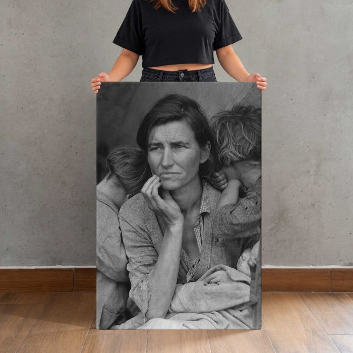 Migrant Mother, Nipomo, California by Dorothea Lange canvas print, canvas shown with a person for scale