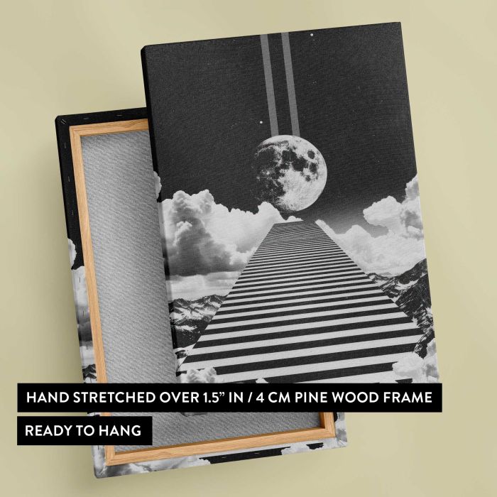 Minimal Retro Black and White Stairway Collage canvas print, canvas reverse and frame view