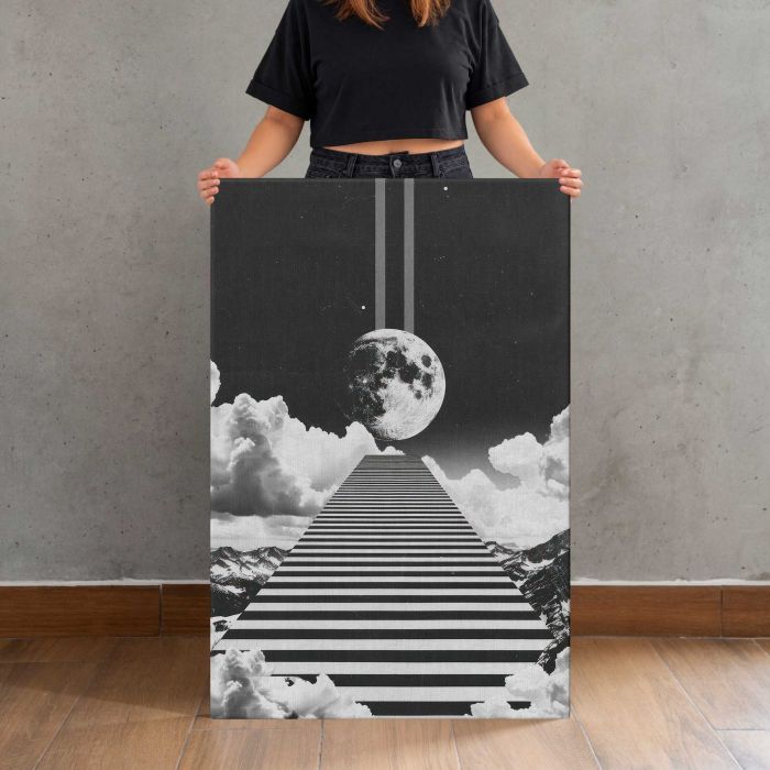 Minimal Retro Black and White Stairway Collage canvas print, canvas shown with a person for scale
