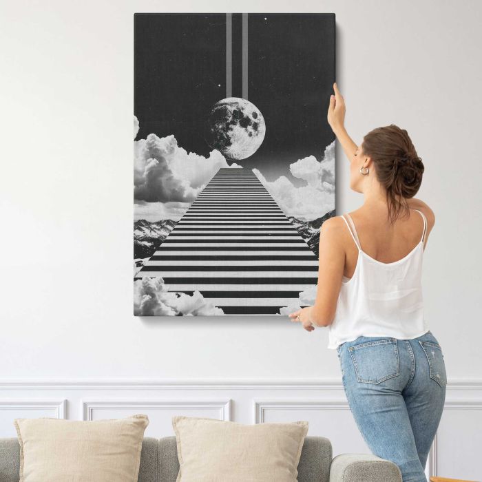 Minimal Retro Black and White Stairway Collage canvas print, interior display view