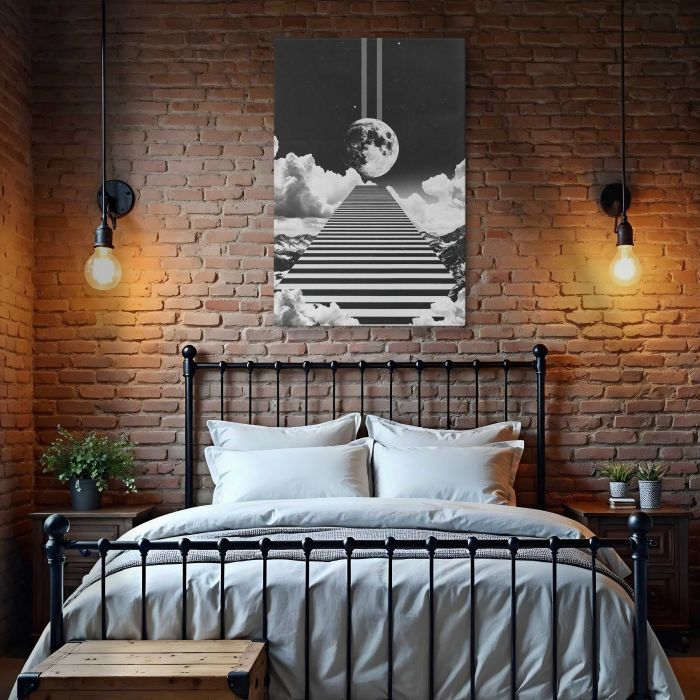 Minimal Retro Black and White Stairway Collage canvas print, interior display view
