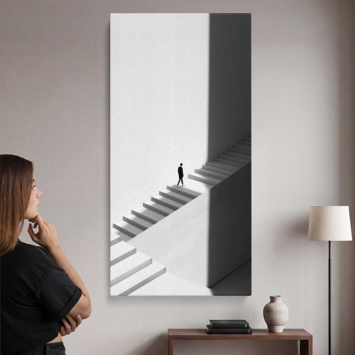 Minimal Staircase Architecture in Black and White canvas print, interior display view