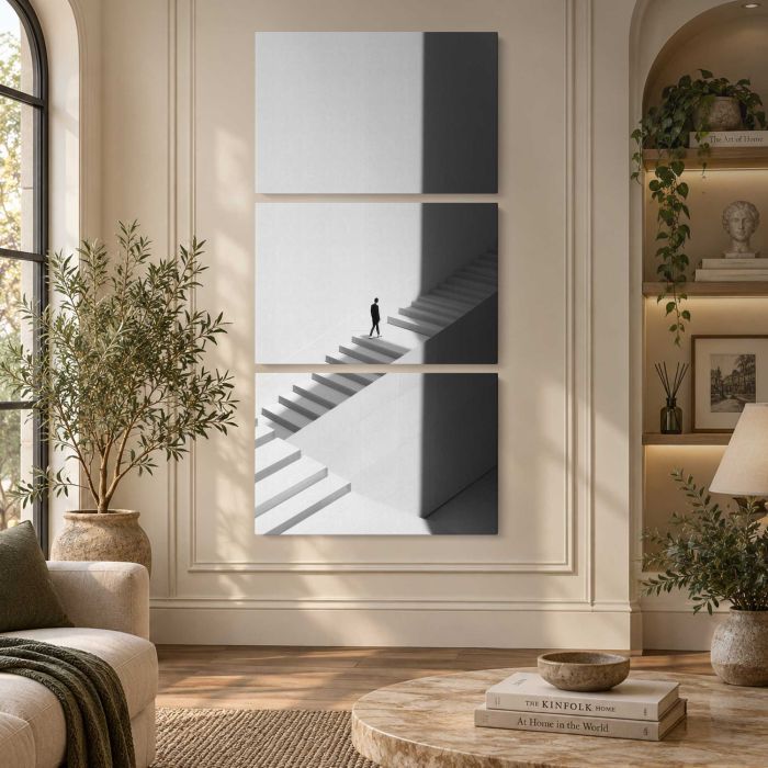 Minimal Staircase Architecture in Black and White canvas print, interior display view