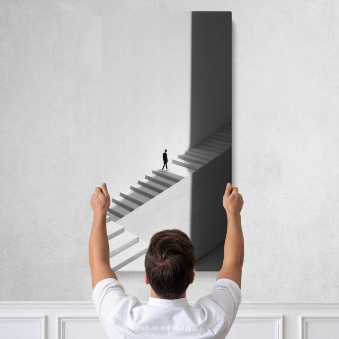 Minimal Staircase Architecture in Black and White canvas print, tall canvas held against a wall