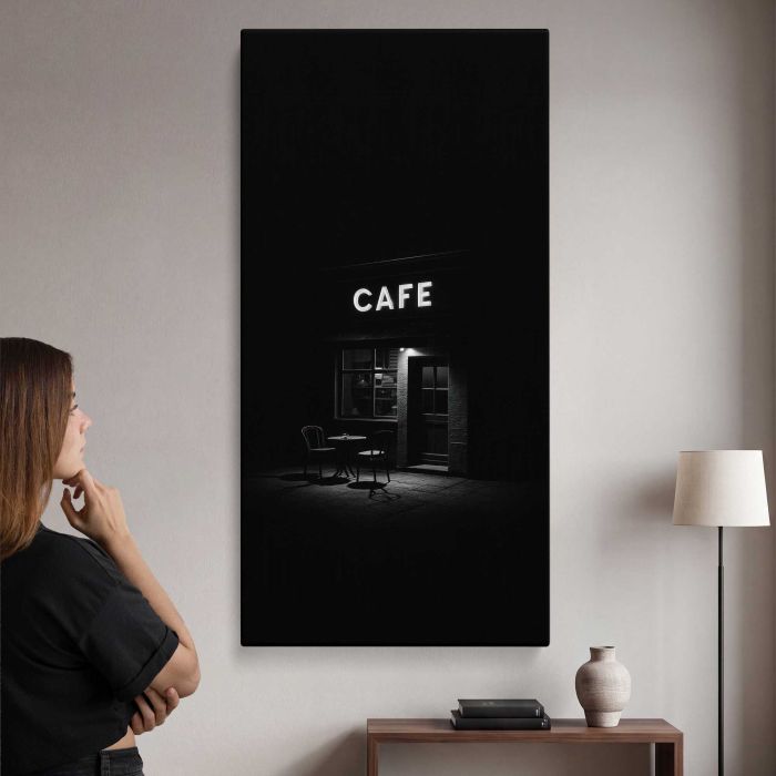 Minimalist night cafe scene canvas print, interior display view