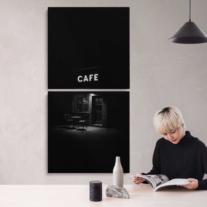 Minimalist night cafe scene canvas print, interior display view