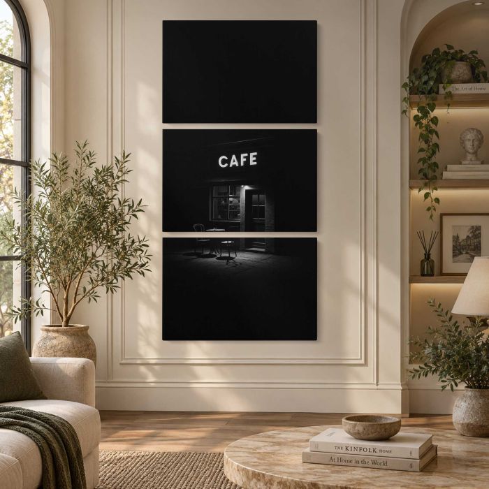 Minimalist night cafe scene canvas print, interior display view