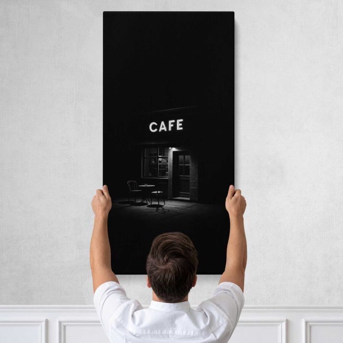 Minimalist night cafe scene canvas print, tall canvas held against a wall