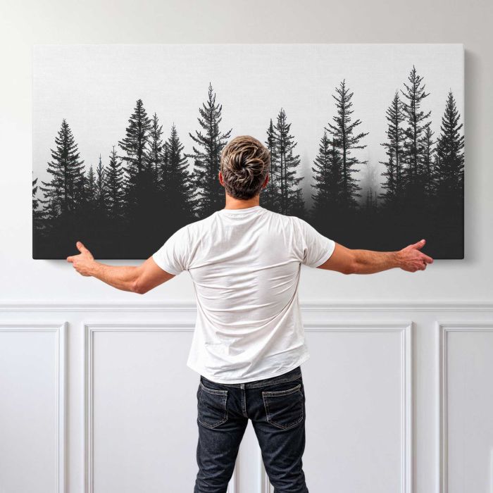Misty forest silhouette trees canvas print, canvas shown with a person for scale
