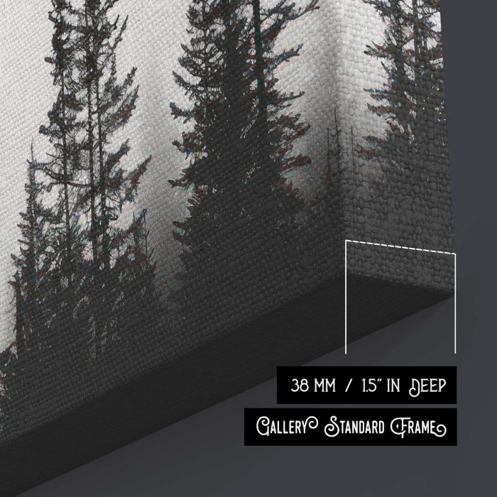 Misty forest silhouette trees canvas print, canvas surface and edge detail
