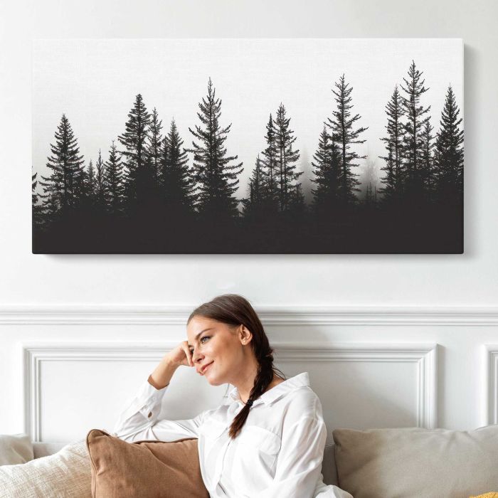 Misty forest silhouette trees canvas print, interior display view