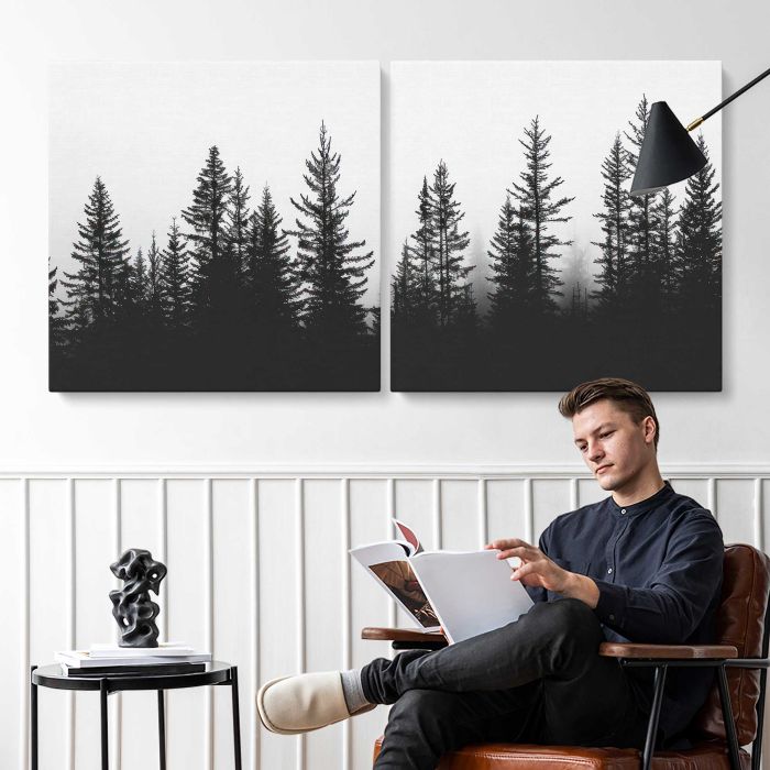 Misty forest silhouette trees canvas print, interior display view