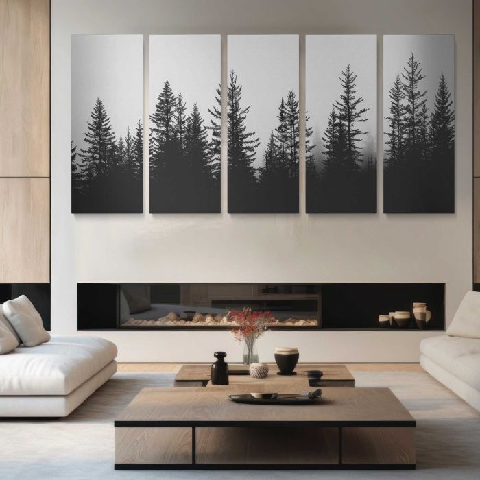 Misty forest silhouette trees canvas print, interior display view