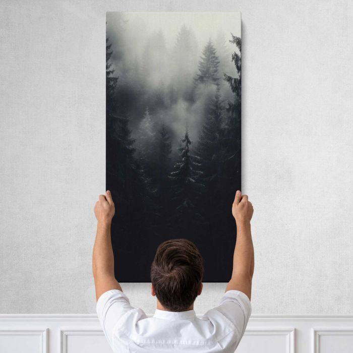 Misty Woodland Landscape canvas print, tall canvas held against a wall