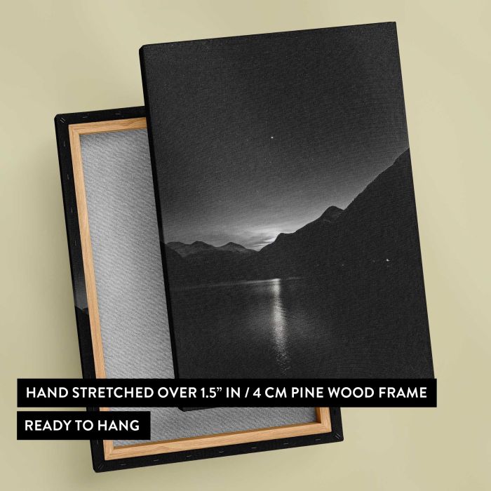 Monochrome Mountain Lake at Night canvas print, canvas reverse and frame view