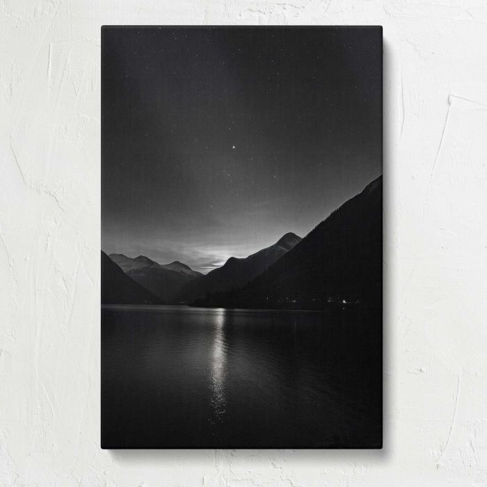 Monochrome Mountain Lake at Night canvas print, front canvas view