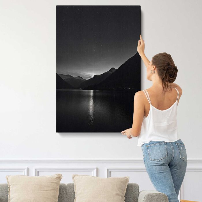 Monochrome Mountain Lake at Night canvas print, interior display view