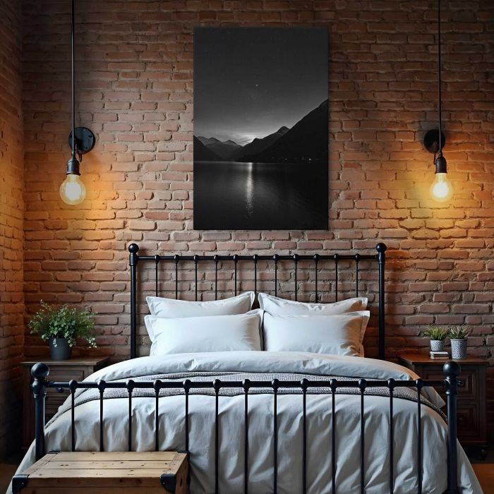 Monochrome Mountain Lake at Night canvas print, interior display view