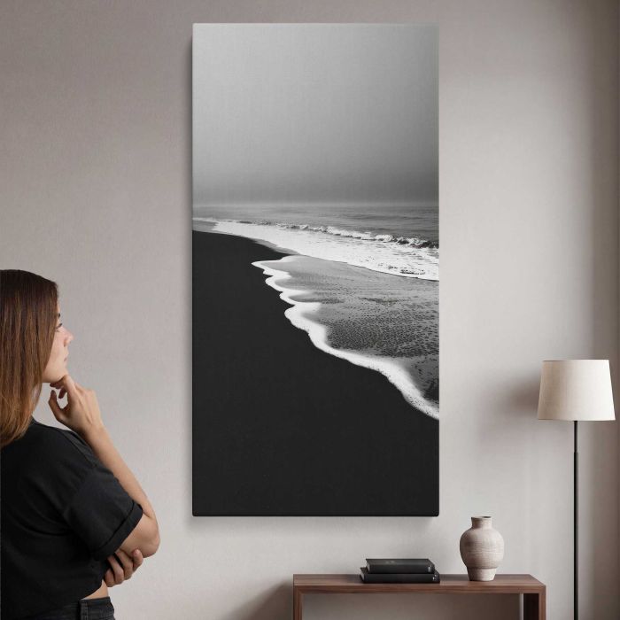 Monochrome serene beach waves canvas print, interior display view