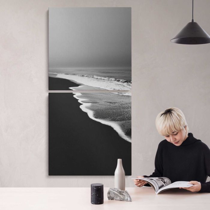 Monochrome serene beach waves canvas print, interior display view
