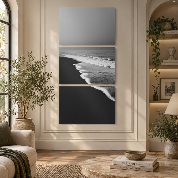 Monochrome serene beach waves canvas print, interior display view