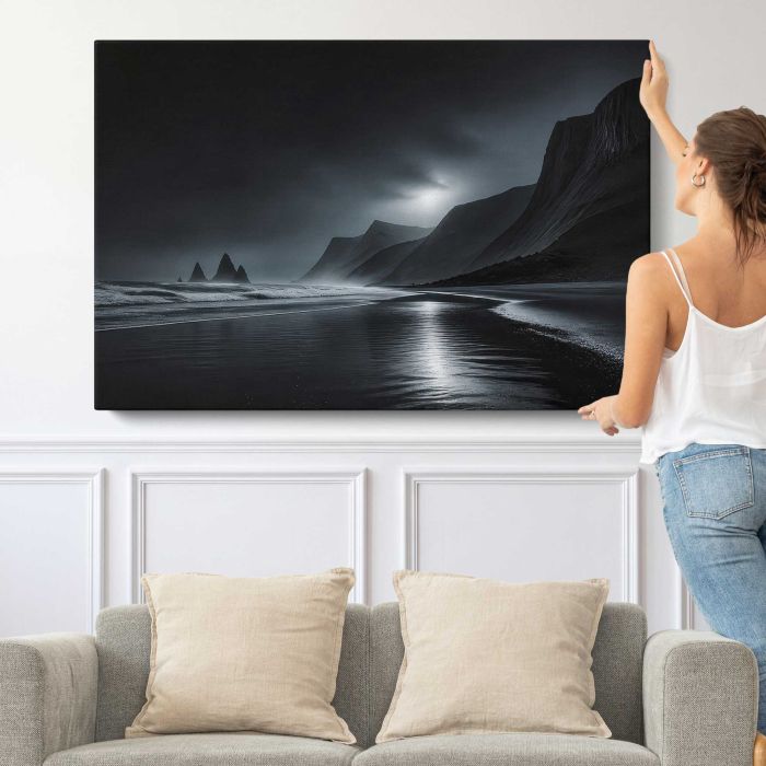 Moonlit Cliffs and Reflections canvas print, canvas shown with a person for scale