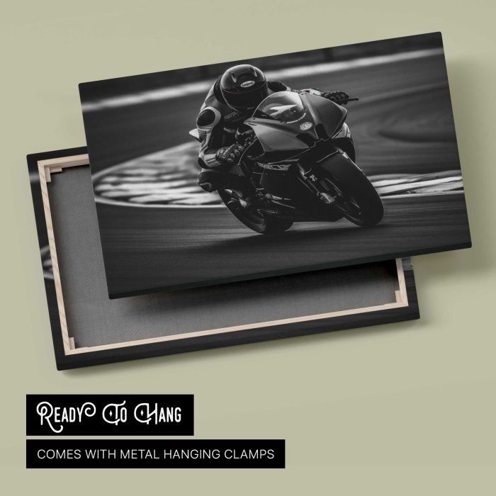 Motorcycle Racer in Monochrome canvas print, canvas reverse and frame view