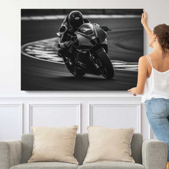 Motorcycle Racer in Monochrome canvas print, canvas shown with a person for scale