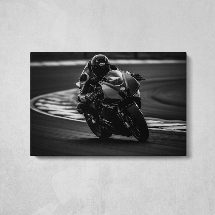 Motorcycle Racer in Monochrome canvas print, front canvas view