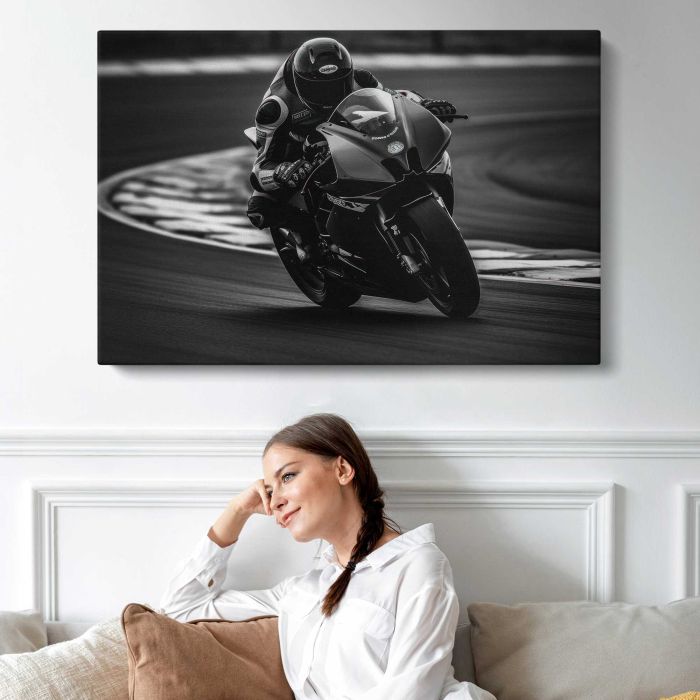Motorcycle Racer in Monochrome canvas print, interior display view