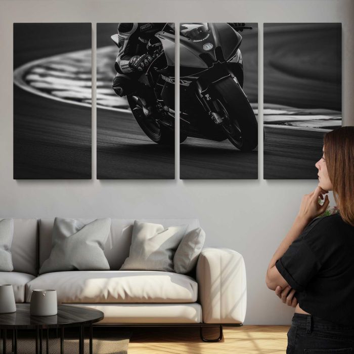 Motorcycle Racer in Monochrome canvas print, interior display view