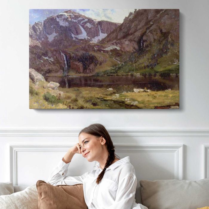 Mountain Lake by Albert Bierstadt - single-panel canvas displayed above a sofa
