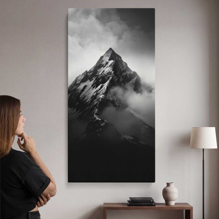 Mountain Peak above Clouds in Monochrome canvas print, interior display view