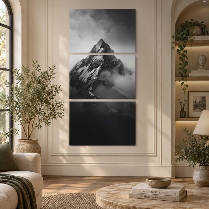 Mountain Peak above Clouds in Monochrome canvas print, interior display view