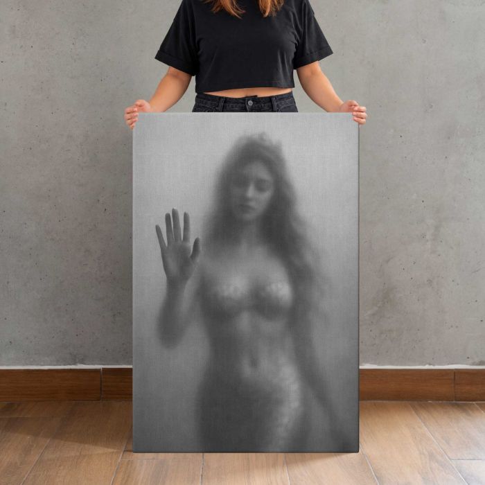 Mystical Woman behind Glass canvas print, canvas shown with a person for scale