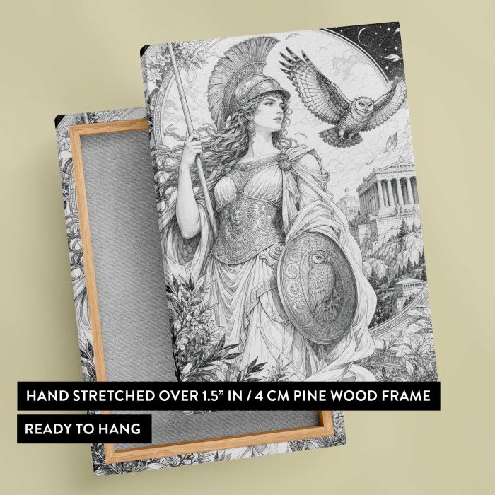 Mythic Athena Warrior with an Owl canvas print, canvas reverse and frame view