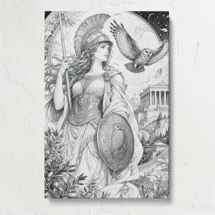 Mythic Athena Warrior with an Owl canvas print, front canvas view