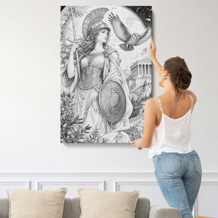 Mythic Athena Warrior with an Owl canvas print, interior display view