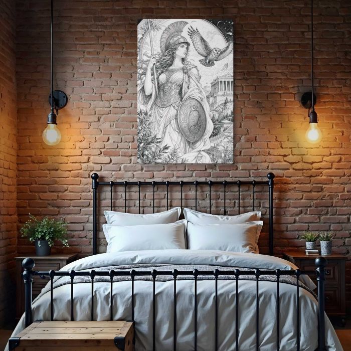 Mythic Athena Warrior with an Owl canvas print, interior display view