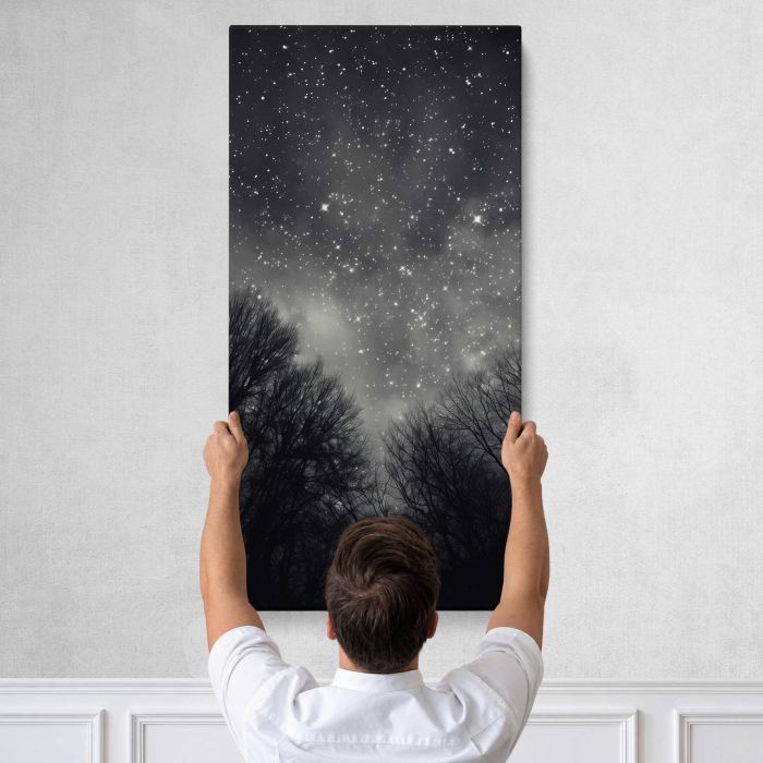 Night Sky Astronomy above the Forest canvas print, tall canvas held against a wall