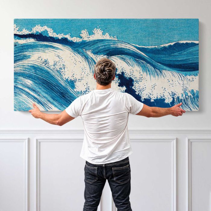 Ocean Waves by Uehara Konen canvas print, canvas shown with a person for scale