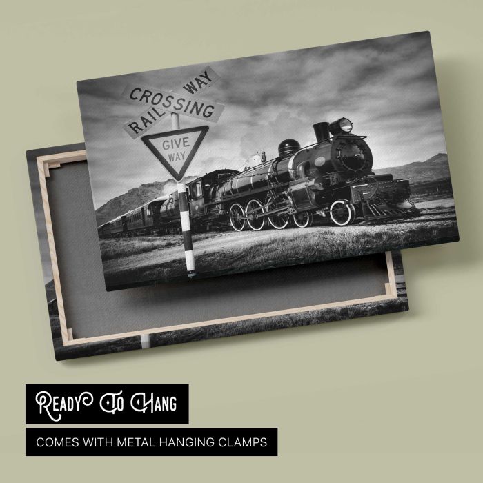 Old fashioned steam locomotive, Kingston New Zealand canvas print, canvas reverse and frame view