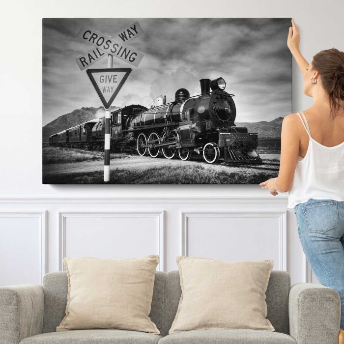 Old fashioned steam locomotive, Kingston New Zealand canvas print, canvas shown with a person for scale